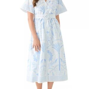 Crown & Ivy Petite Short Sleeve Embroidered Belted Midi Dress
